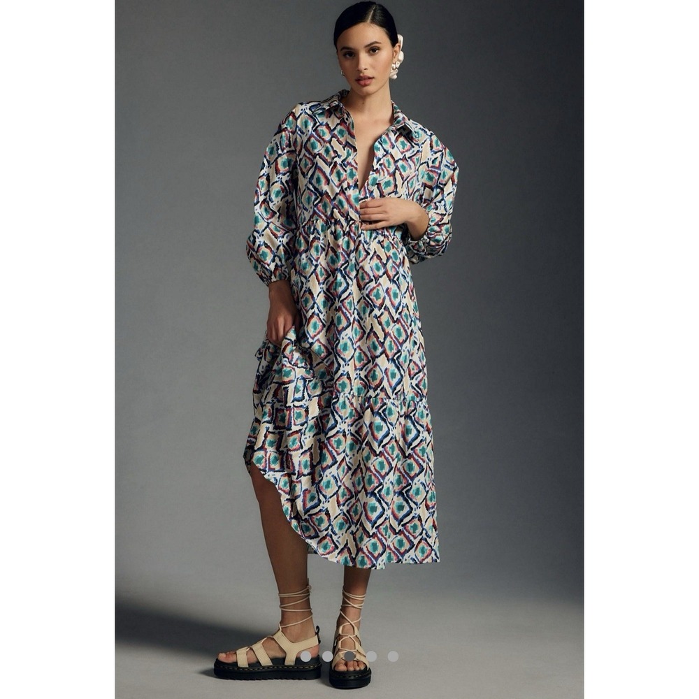 Anthropologie Maeve Bettina Shirt Dress XS Geometric Patterned Trippy Slimming - Picture 3 of 11
